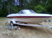 Red model Boat with a dog